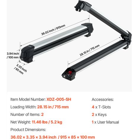 VEVOR Ski & Snowboard Roof Rack, Carry up to 6 Pairs of Skis or 4 Snowboards, 2 PCS Aluminum Universal Car Roof Rack with Lock & Rubber Padding, Carrier for Fishing Rod, Fit Most Slotted Crossbars (1/4)