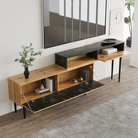 Meuble TV imitation marbre et bois foncé, robuste et gain de place, pieds en fer, chants PVC, déco salon moderne