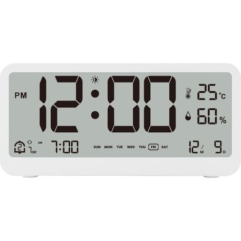 Multifunktionale Digitaluhr mit Temperatur- und Feuchtigkeitsanzeige, 2 Alarmmodi, Wochentag, Datum, Monat, 12/24-Stunden-Format und einstellbarer LED-Helligkeit.