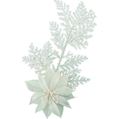 Branche de pin artificielle, fleur de noël, ornement d'arbre Poinsettia à paillettes réalistes pour la décoration de la maison, blanc (1/5)