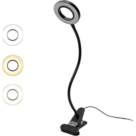 Lampe de Bureau à Pince 7W Lampe-Clip de Lecture Table Lit à LED avec l’Adapteur Luminosité Réglage Soin des Yeux pour le Bureau et le Domicile Flexible à 360° Noire (1/5)