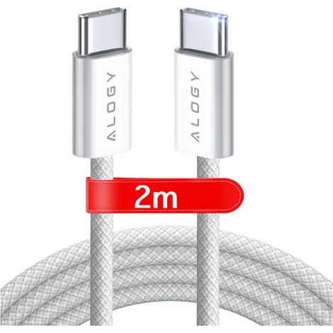 USB-C Typ C Kabel, stark, schnell PD, 2 m, für iPhone 15, Alogy Nylonkabel, weiß (1/5)