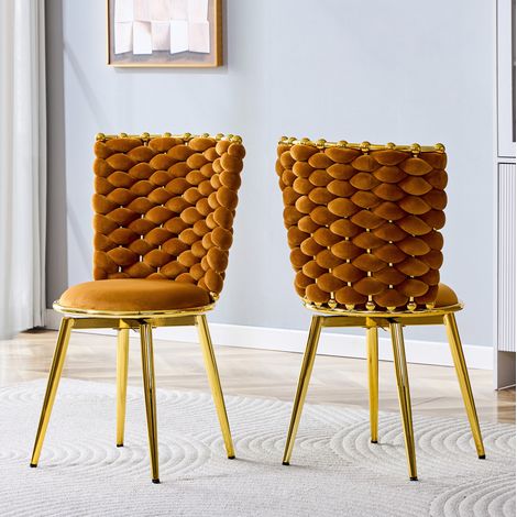 Chaise de salle à manger avec dossier en corde tressée, assise rembourrée, pieds en métal doré, velours - orange (1/5)