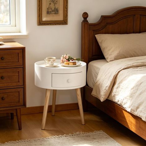 Table d'appoint ronde avec tiroir en MDF et bois massif, 38 x 38 x 45 cm, blanc et bois clair (1/5)