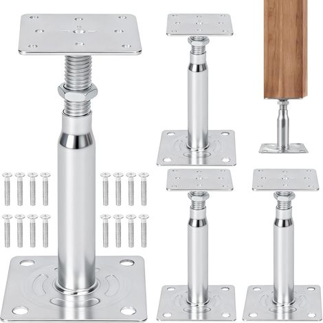 Support Poteau Bois Pied de Poteau Reglable Supports de Poteaus Réglables en Hauteur 140 à 200 mm 4Stk Galvanisé À Visser Pieds de Support pour Abris Clôture Carport Pergolas(Argent) (1/5)