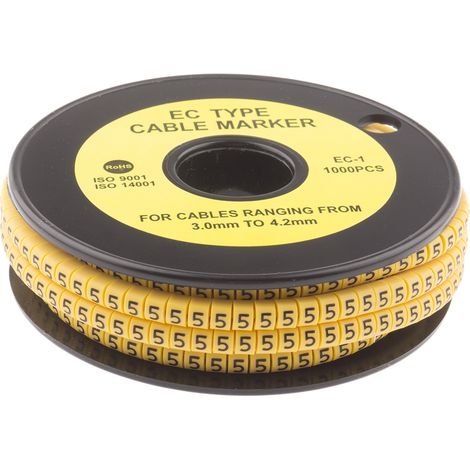 Repère câble , Ø câble 3  4.2mm, texte : 5, Noir sur Jaune ( Prix pour Bobine de 1000 )
