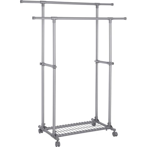 Mobile appendiabiti a doppia barra estensibile da 87 a 150 cm con ruote e ripiano portaoggetti portata 70 kg per cappotti sciarpe grigio 120003488