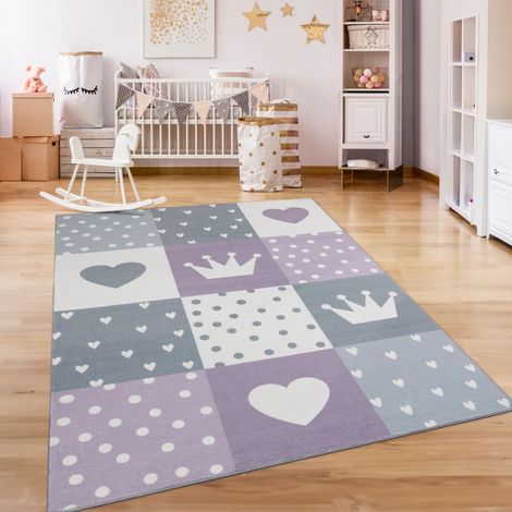 Paco Home Alfombra De Habitacion Bebe Infantil Antideslizante Arcoíris Corazón Lunares Viola, 200x280 cm