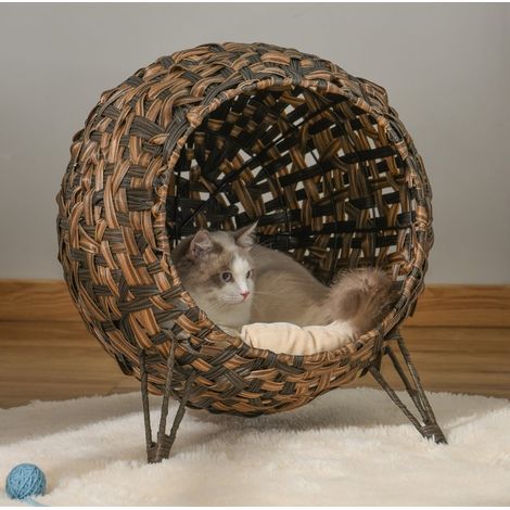 Katzenhöhle aus Rattan mit Kissen, braun, Ø52 x 58 cm (1/5)