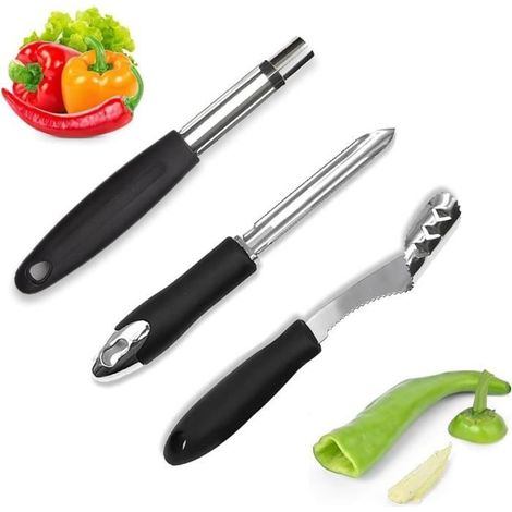 Outils de cuisine - Piment Corer - Ensemble 3 Pièces - Acier Inoxydable - Conception Dentelée - Durable (1/4)
