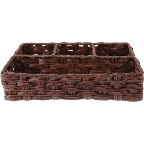 Panier de rangement exquis en plastique et métal tressé imitant le rotin- article de rangement pour la cuisine et la salle de bain- pour exposer et ranger divers objets (marron). (1/5)