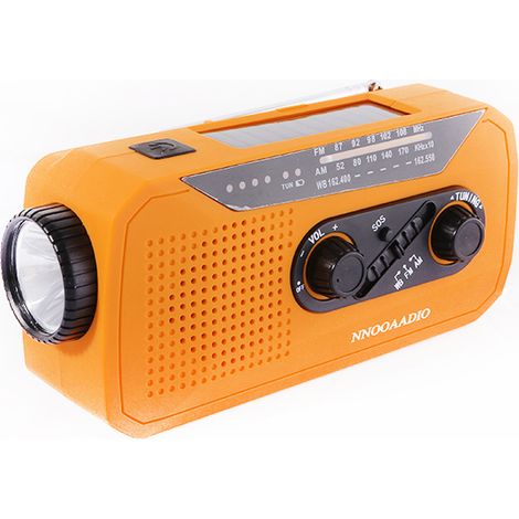 Radio d'urgence solaire avec manivelle, batterie 2000 mAh, prise casque 3,5 mm, lampe torche et signal SOS orange.