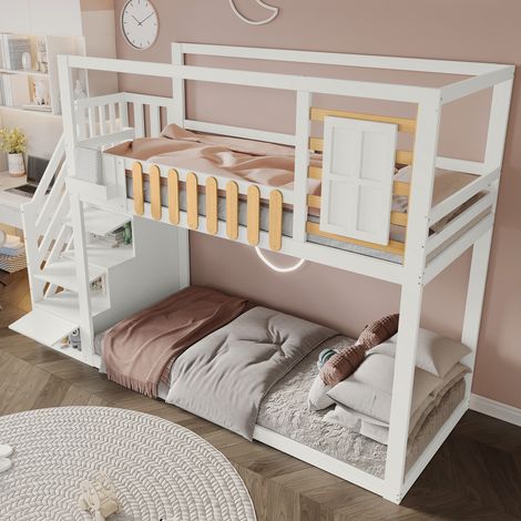 Litera infantil de madera maciza y MDF blanca/natural 90x200 cm con escalera, estantes y barandilla