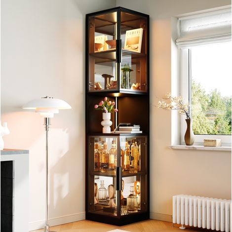 LED-Vitrine 42x44x205 cm aus schwarzem Holz mit Glastüren, platzsparend – MEUBLIV (1/5)