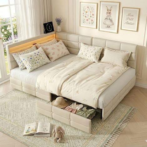 Divano letto matrimoniale 140x200 cm con 2 cassetti e LED - Divano letto imbottito in lino con USB e rete - Per ragazzi e adulti - Beige