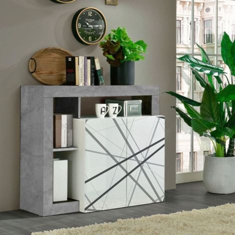 Madia moderna 2 ante linea Frame in Bianco Lucido e Cemento con grafica righe (1/2)