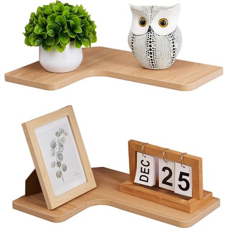 Étagère d'angle suspendue, lot de 2 étagères murales de 40 cm en forme de L, étagère murale en bois pour cuisine, salle de bain, salon, chambre (Naturel) (1/5)