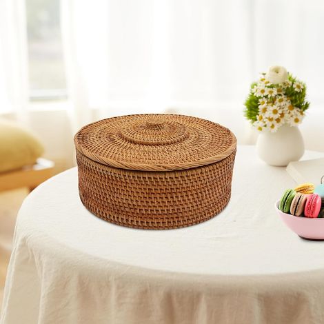 Rattan Aufbewahrungskorb Rattankorb mit Deckel, Runde Handgewebter Korb Aufbewahrungsbox, Aufbewahrung Box Brotkorb Weidenkorb für Obst, Brot, Snacks, Schmuck 3013cm (1/5)