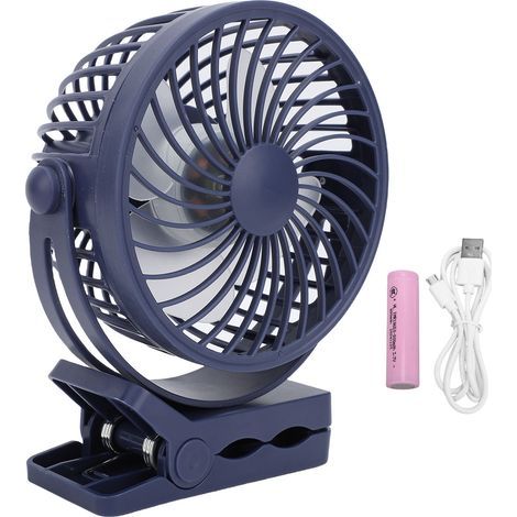 USB rechargeable portable fan with clip, 360° rotation, quiet (30 dB), 3 speeds, 800 mAh battery, blue (1/5)