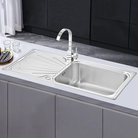 JASSFERRY 1000 X 500 mm Kitchen Sink Stainless Steel 1 Bowl  Inset Reversible Drainer & Strainer Waste Pipes Clips