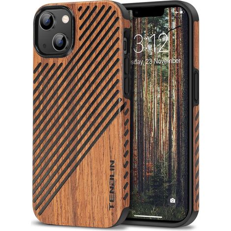 CUSTODIA IN VETRO PER IPHONE 14 Plus 6.7' IN SIMILPELLE LEGNO MARRONE (1/5)