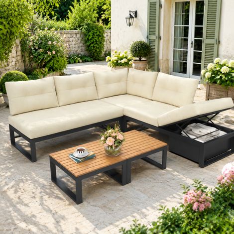 Mobilier jardin multifonction – 3 positions inclinables – Coussins épais – Rangement – Housse polyester – Beige – Terrasse/Balcon/Jardin (1/5)