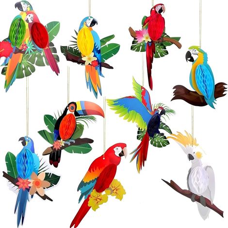 Ensemble de 9 décorations d'oiseaux tropicaux – motif nid d'abeille tropical, pour piscine ou jardin de mariage. (1/5)