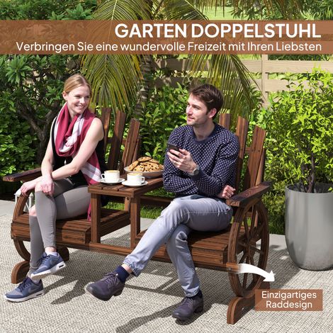 Banc de jardin en bois massif 2 personnes, imperméable, avec emplacement pour parasol, piétement style roue de charrette, 154 x 65 x 102 cm, aspect brûlé (1/4)