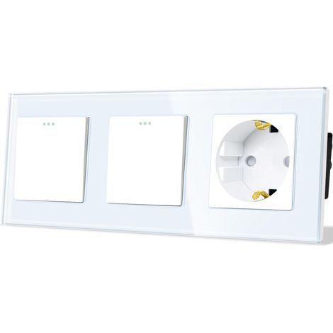 Interrupteur d'éclairage avec prise 1 compartiment, 1 voie, plaque en verre, interrupteur encastré, avec prise Schuko, 86 x 228 mm, blanc (1/5)