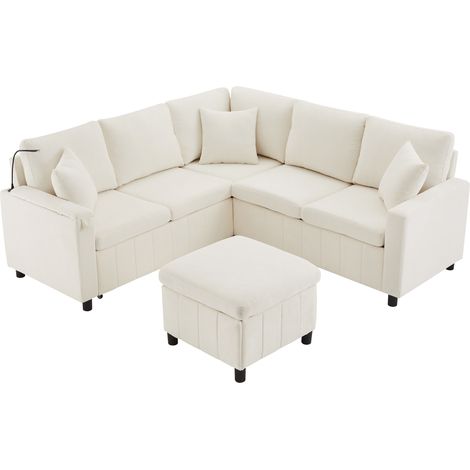 ELVMI Divano Letto Angolare con Porte USB e USB-C, Lampada da Lettura, Tavolini e Pouf in Ciniglia Beige (1/5)