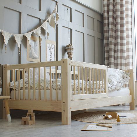 Cama 90x190 con barandilla y somier patas de 10 cm Sybil Madera