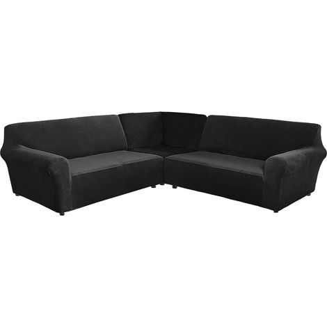 L-shaped velvet corner sofa cover for the living room, super soft, stretchable, non-slip U-shaped corner sofa cover for pets and cats (7-seater, black) (1/5)