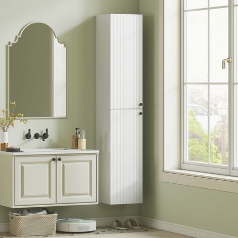 Meuble de salle de bain mural, surface laquée, 6 étagères, MDF, blanc (1/5)