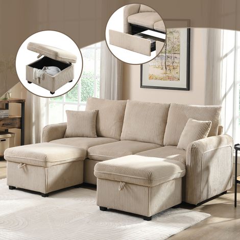 Divano angolare, divano da 3 posti con 2 cassetti, 2 panche portaoggetti, beige (1/5)