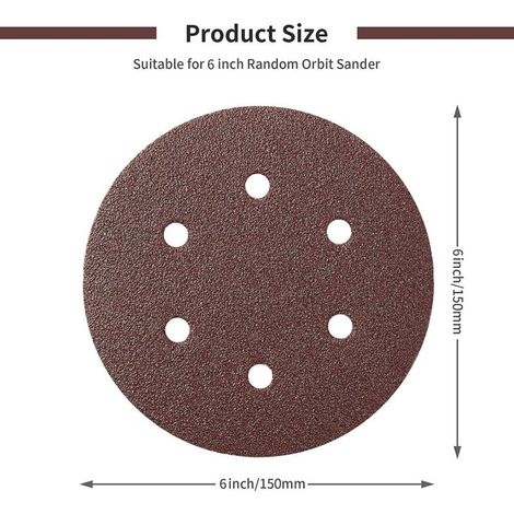 Lot de 50 disques abrasifs de 150 mm pour ponceuse excentrique grain 150, papier abrasif de 150 mm, 6 trous, bandes abrasives Velcro pour bois, panneaux de particules, métal (1/4)