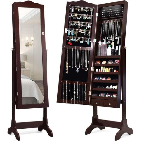 COSTWAY Schmuckschrank mit 14 LED Leuchten, Schmuckregal mit Ganzkoerperspiegel abschliessbar, Schmuck Spiegelschrank 4 stufig neigungsverstellbar fuer Ringe, Kettenhaken und Ohrringe Braun (1/5)