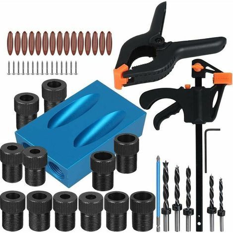 Gabarit de percage oblique 57pcs, Guide perçage bois, Gabarit de trou de poche set, Guide perçage avec pointes perceuse 15 ° adaptateur pour trou de 6/8/10mm pour guide perçage angle travail du bois (1/5)