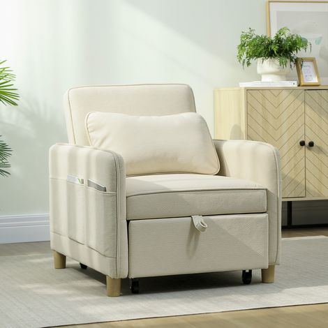 Sillón Cama Individual 3 en 1 Sofá Cama Plegable con Respaldo Ajustable y Cojín para Salón 74x85,5x82 cm Beige