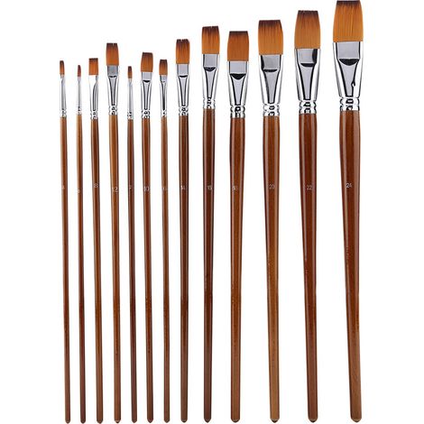 13 Pinceaux plats en nylon pour aquarelle et huile, manche en bois, lot de 13, matériel professionnel de peinture (1/5)