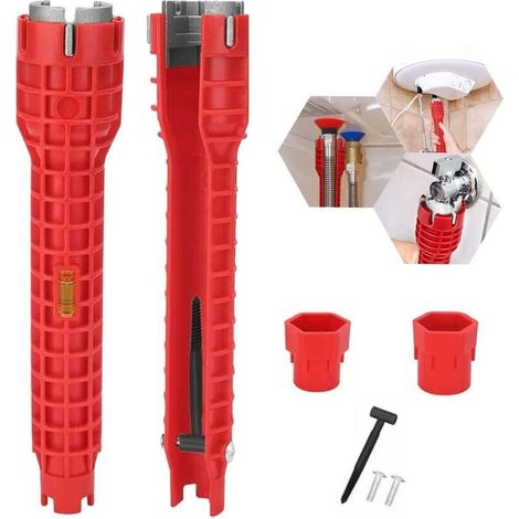 Outil de clé à robinet 8 en 1 Installateur de robinet et d'évier antidérapant Outil de clé à tuyau de plomberie Outil de clé à robinet pour évier/salle de bain/cuisine (1/4)