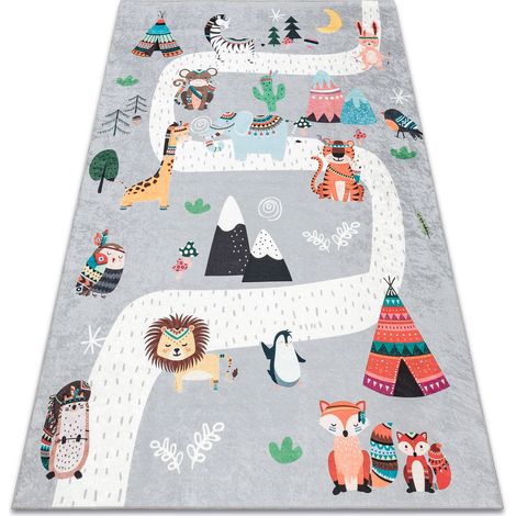 BAMBINO 2160 Waschteppich Indianerdorf, Tiere für Kinder Anti-Rutsch - grau grey 120x170 cm