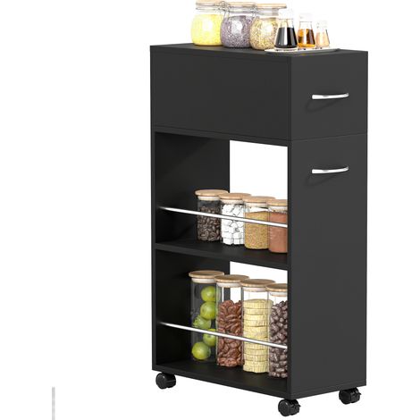 Carrello da cucina su ruote con 1 cassetto e 2 ripiani a giorno per sala da pranzo, 25 x 50 x 85 cm, nero.