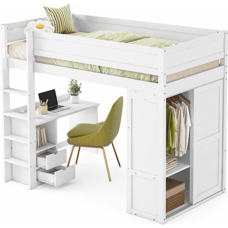 Lit mezzanine enfant 90 x 200 cm avec bureau, armoire, 2 tiroirs et rangements, blanc, en bois de pin - CHICFURN (1/5)