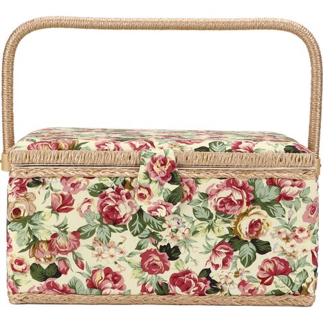 Panier à Couture Boîte de Rangement Outils Broderie Léger Portable Compartiments Tissé Sapin 30.5x23x15.5cm (1/4)
