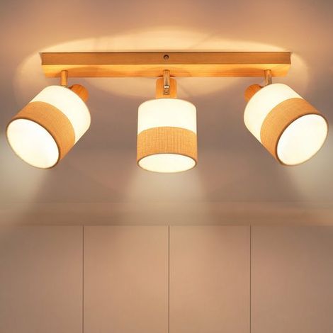 GBLY Deckenstrahler 3 Flammig Deckenlampe Holz - Deckenleuchte Vintage E14 Stoffschirm Retro Schwenkbar 350° Deckenspot MAX.25W Flur Küche Schlafzimmer Wohnzimmer, Ohne Leuchtmittel