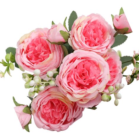 Bündel à 5 künstliche persische Rosen, handgebundener Rosenstrauß für Hochzeiten, Wohnzimmerdekoration, Dunkelrosa (1/5)
