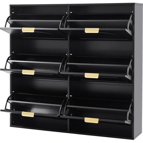 Zapatero moderno negro de MDF con 6 compartimentos abatibles y diseño de pie, 118 x 25 x 115 cm (1/5)