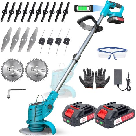 Débroussailleuse Electrique sans Fil, Debrouissalleuses Batterie 800W, Coupe Bordure sans Fil avec 2 x 21V Batterie, 9000 TR/Min, Poignée Télescopique 71-106 cm, 4 Types De Lames, pour Jardin (1/5)