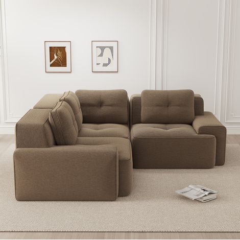 Canapé d’angle modulaire brun en velours côtelé avec assise profonde et base antidérapante (1/5)