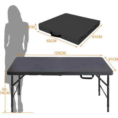 Table pliante portable 125cm renforcée avec poignée, hauteur réglable, table repliable multifonction pour camping pique-nique fêtes intérieur/extérieur, charge max 135kg (Noir) (1/5)